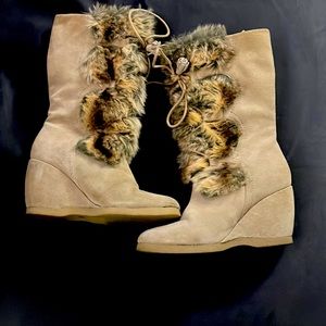 Steve Madden Suede and Fur Wedge Heel Boots